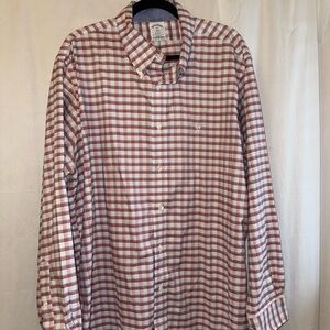 Brooks Brothers Regent Dusty Red , Pale Blue, and White Plaid Shirt